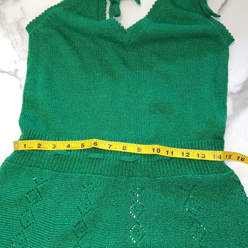 Vintage green knit A line dress ties at shoulder sundress midi feminine - Picture 12 of 14
